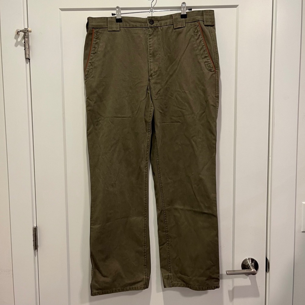 Orvis Mens Olive Green Cotton Chino Pants Leather Trim 36x30 Straight Leg